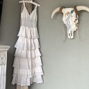 Small Size Anthropologie Tiered Ruffle Cream Lace Maxi Dress - Cecilia Prado